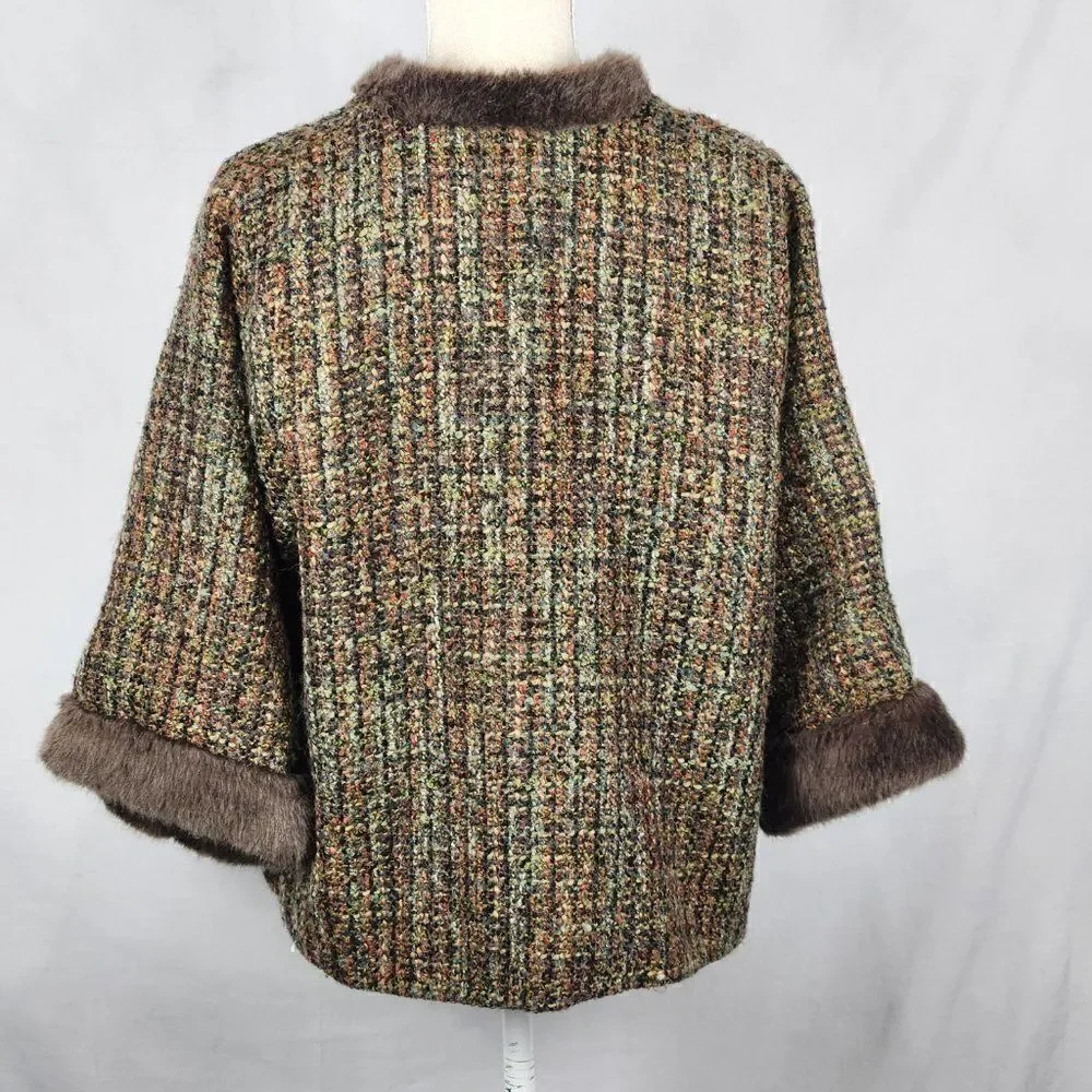 Tweed Cashmere Blend Jacket Faux Fur Trim Women Free Size Isabella's Journey - Picture 2 of 8
